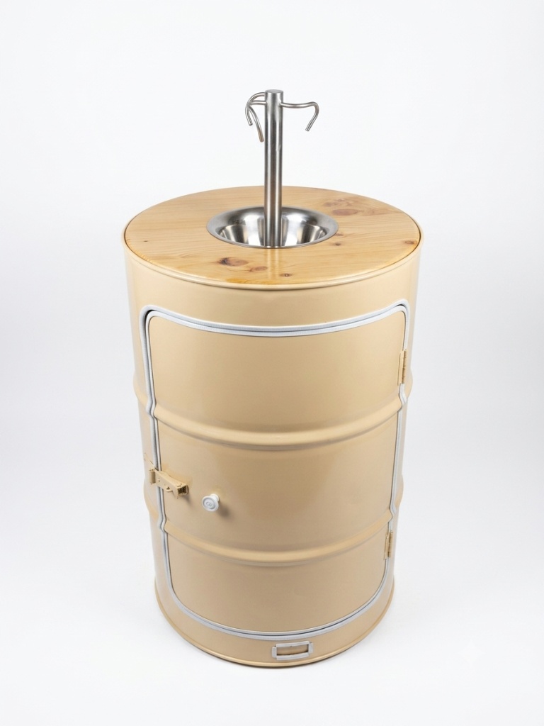 Fût beige La Cascade à Cocktails, couvercle bois et bac inox