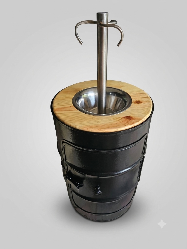 Fût noir La Cascade à Cocktails, couvercle bois et bac inox